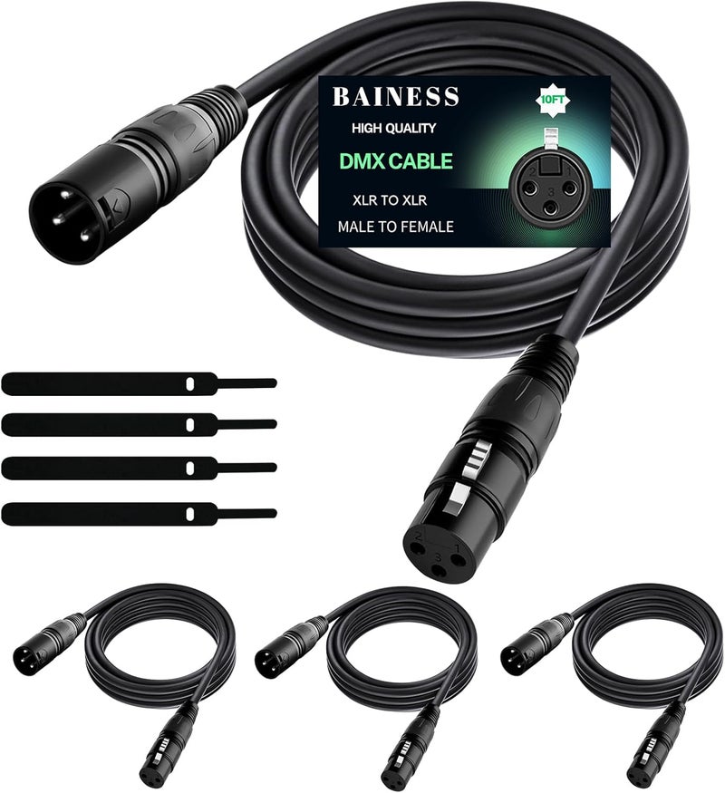 BAINESS 10ft Flexible DMX Cable 3 Pin Signal XLR Male to Female DMX Cables Wire for Stage Lighting, DJ Lights, Moving Head & Par LED Fixtures, Black, 4 Pack - Image 1